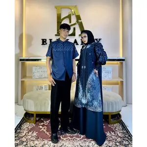 Jemiaa Navy Sarimbit Raya Series Gamis Satu Set Couple Material Lady Zr  Ceruty Tuan Putri Aksen Mutiara Patten Exlusive By Elly Arsy (Tanpa Hijab )