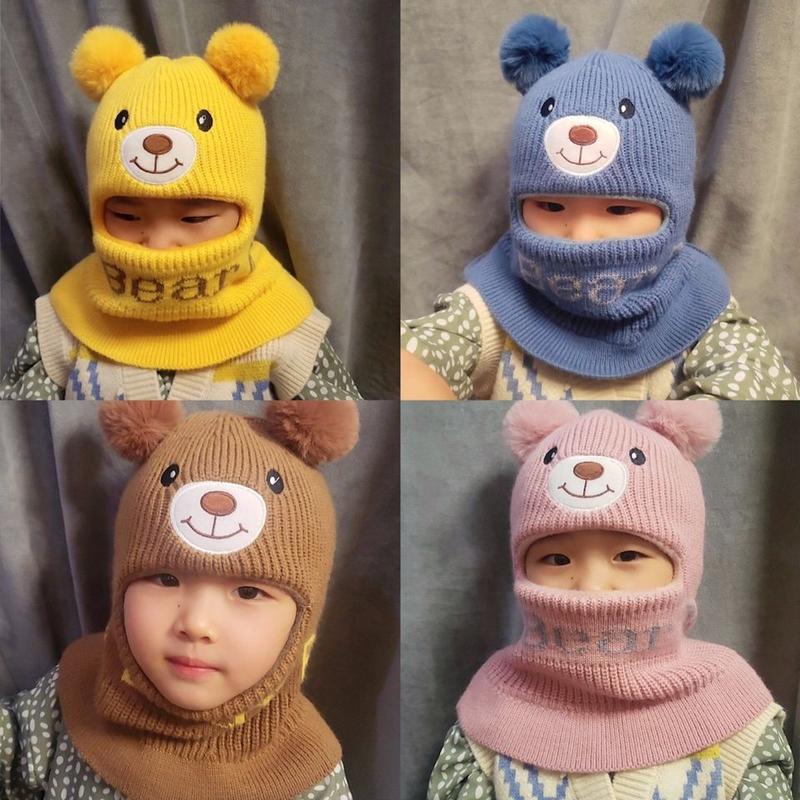 Bộ Khăn Quàng Cổ Mũ Len Dệt Kim Thiết Kế Hình Gấu Hoạt Hình Dễ Thương Cho Bé Mũ Che Cổ Ấm Áp Bông Pompom Đôi Thích Hợp Cho Mùa Đông Cho Trẻ Em Mũ Bảo Vệ Tai
