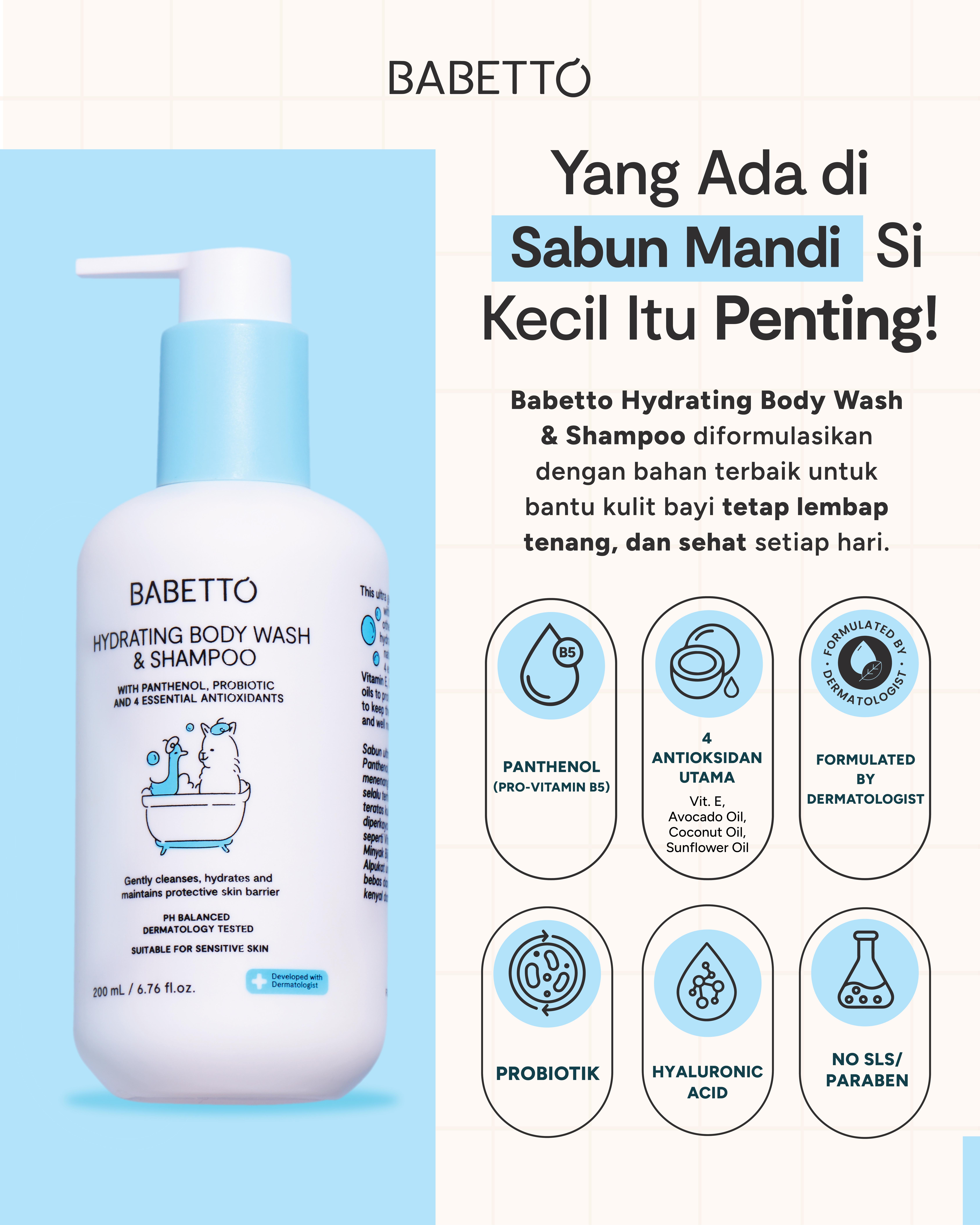 Babetto Hydrating Body Wash & Shampoo 200ml [2PCS] -  Sabun Sampo Mandi Ultra Gentle dengan Panthenol Probiotik & 4 Antioksidan Untuk Bayi dan Anak Cocok Untuk Kulit Sensitif Kering Eczema