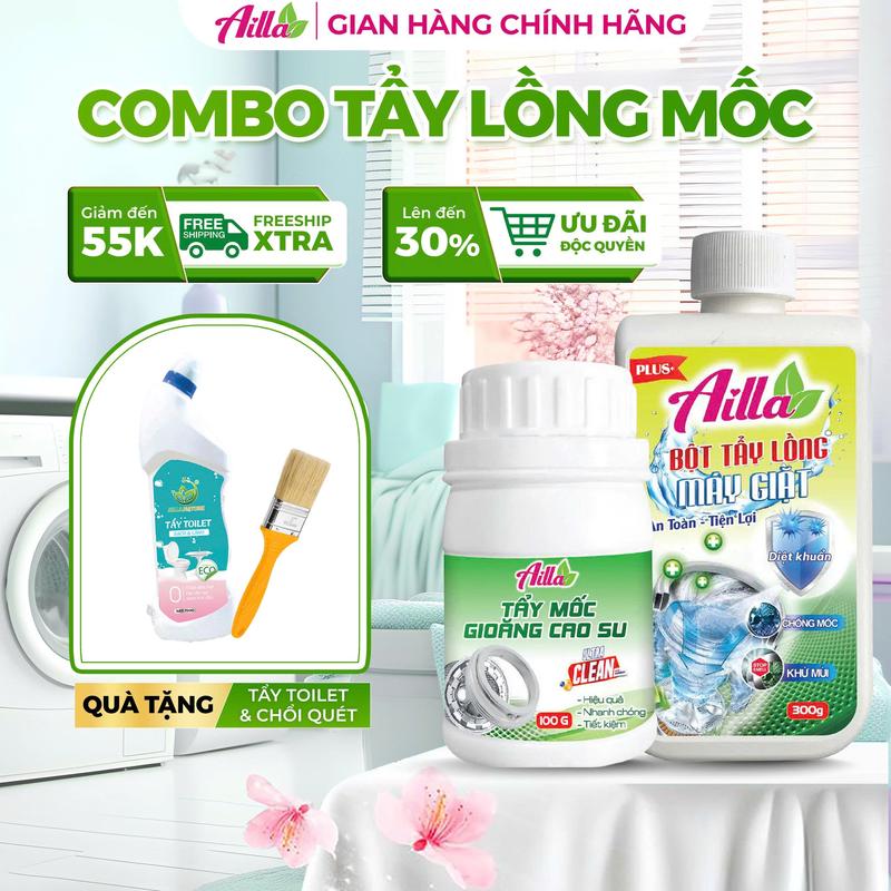 Combo Vệ Sinh Máy Giặt: Bột Tẩy Lồng Máy Giặt Ailla 300Gr & Tẩy Mốc Gioăng Cao Su Ailla 100Gr Tặng 1 Chai Tẩy Toilet Ailla + 1 Chổi Quét Làm Sạch Hiệu Quả