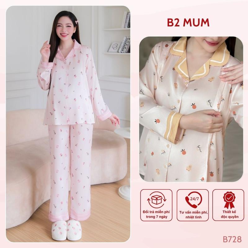 Bộ bầu mặc nhà và sau sinh lụa cao câp mềm nhẹ mát Áo có khóa dọc bé ti và quần chun chỉnh bụng B728 thiết kế by B2MUM