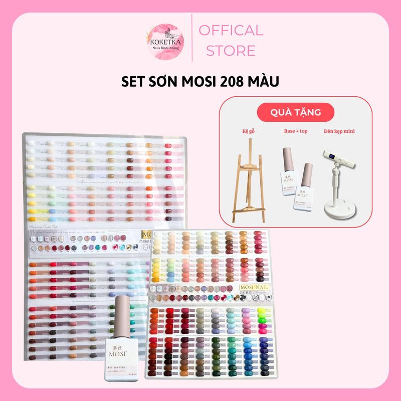 Set sơn 208 màu Mosi - sơn gel, sơn thạch, sơn nhủ, cồn loang + Tặng kèm bảng màu, kệ gỗ, base, top, đèn hơ mini