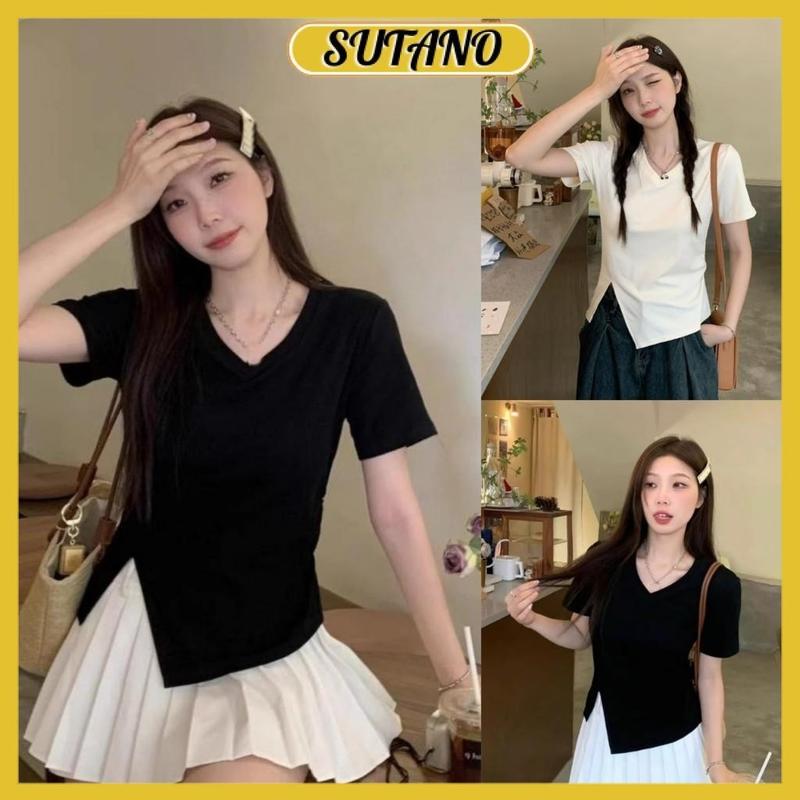 Áo thun nữ xẻ tà cổ V áo kiểu nữ cổ tim ngắn tay phong cách hàn quốc chéo vạt chất thun tăm co giãn A214 SUTANO