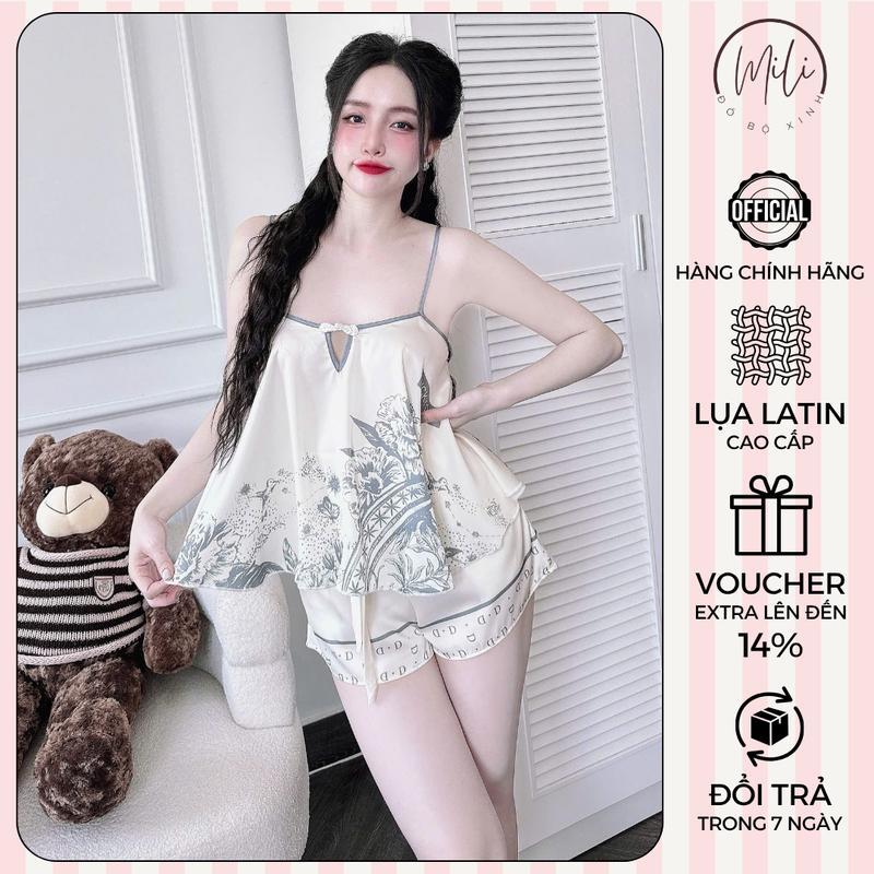 Bộ Ngủ Nữ, Đồ Bộ Mặc Nhà Lụa Latin Cao Cấp MiLi – Áo 2 Dây Thắt Nút Tàu, Quần Đùi Thắt Nơ Có Túi