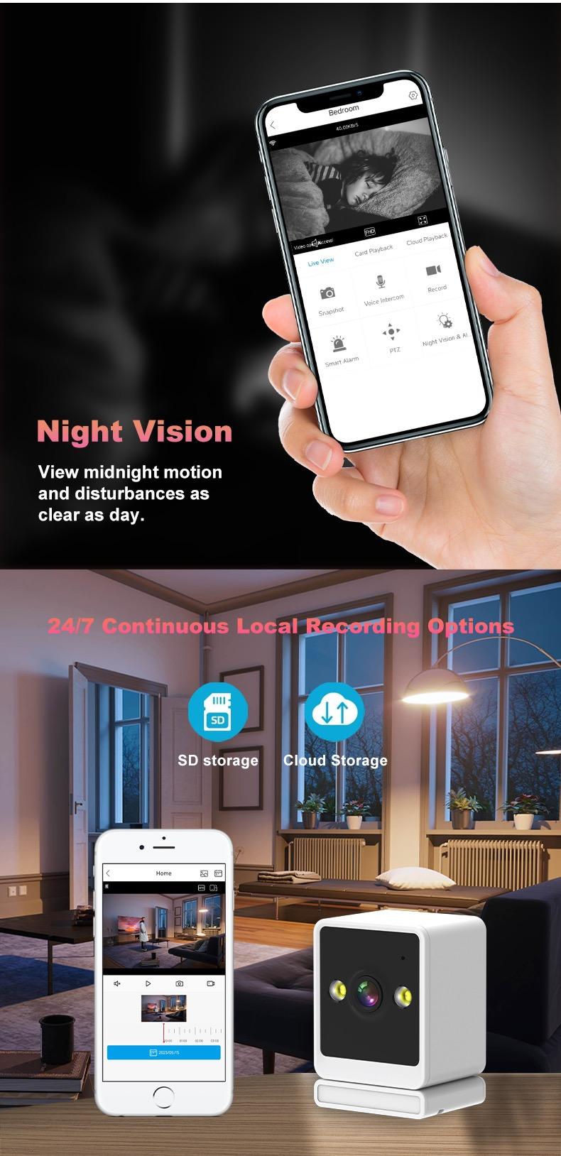 Product Introduction of Smart Home Security Camera Baby Monitor Camera Compact indoor Plug-in Smart Security Camera, 1080P FHD Video, Night Vision, Motion Detection, Two-way Audio, Easy Set Up 2