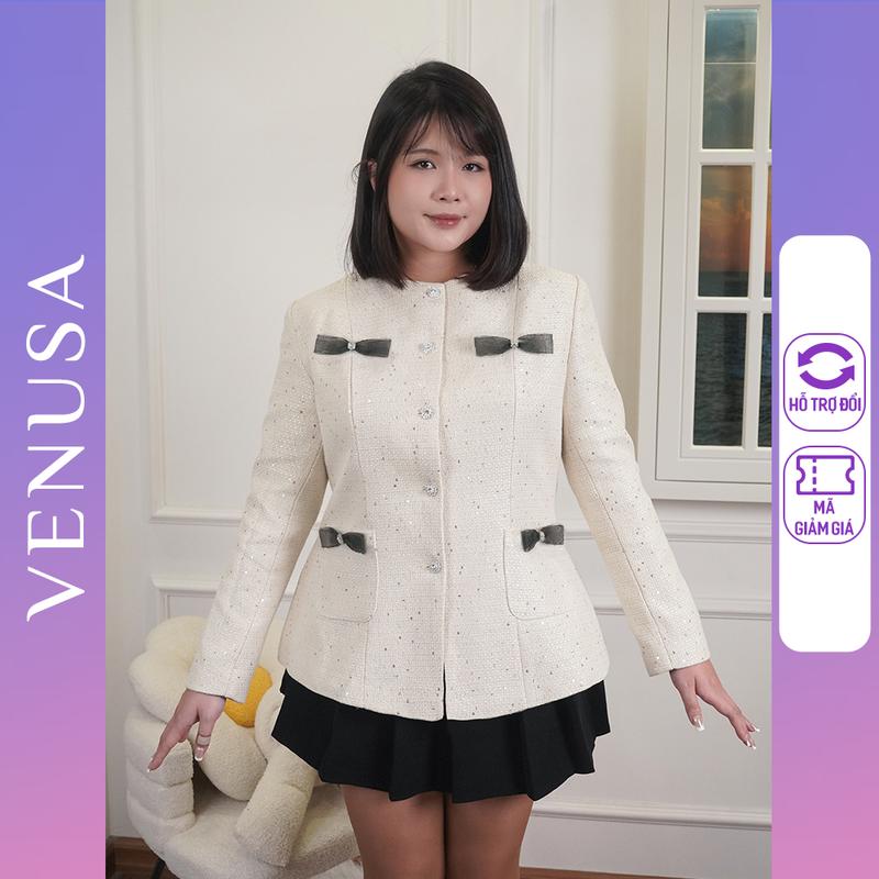  Áo dạ tweed nữ BIGSIZE màu be lấp lánh cổ tròn đính 4 nơ ren bánh bèo Venusa Store 