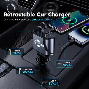 Yisen 120W 4 in 1 car fast charger with ios type c cable Multi angle adjustment. Multi device charging for ios Android