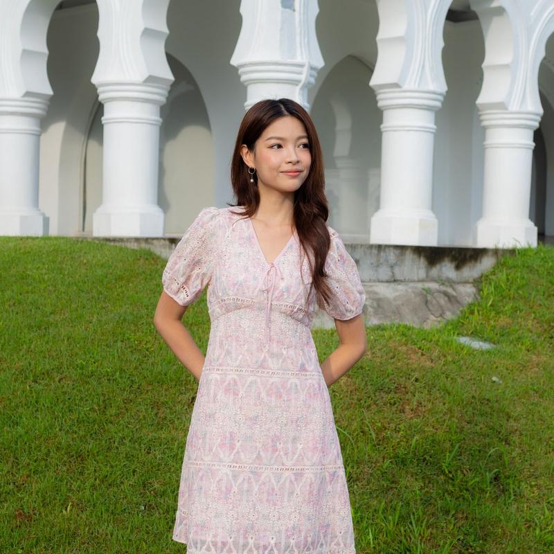 Callista Prints Embroidery Sleeve Dress In Pink 6
