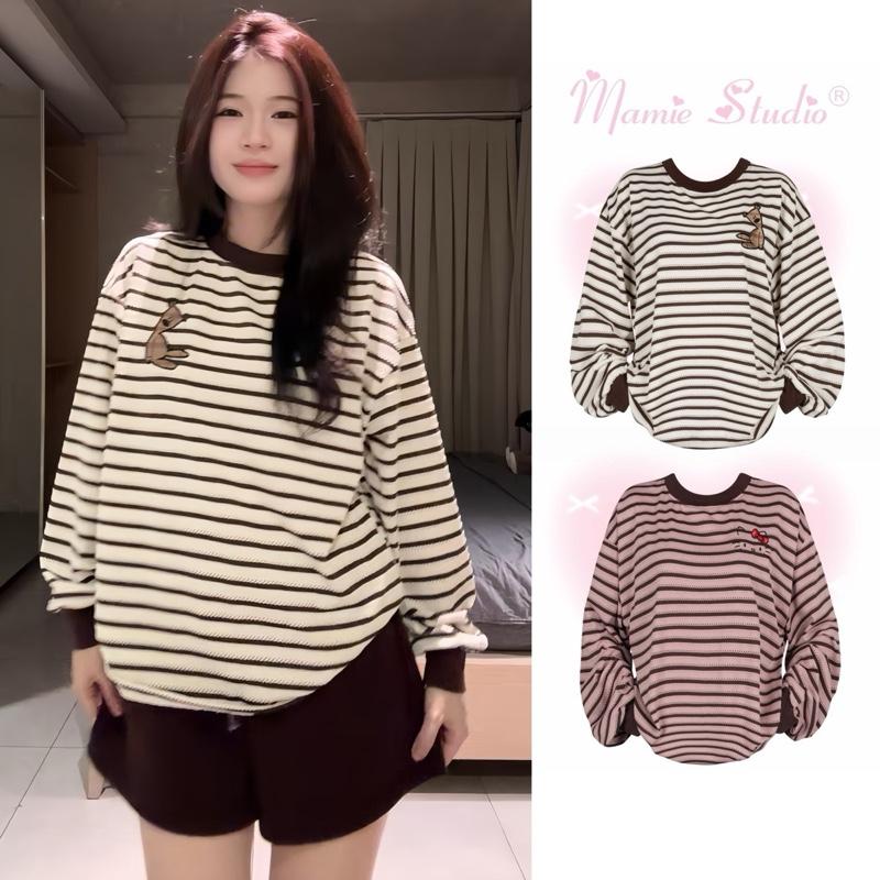  Áo sọc Mamie bo tay dài thêu hoạ tiết xinh xắn thời trang nam nữ 