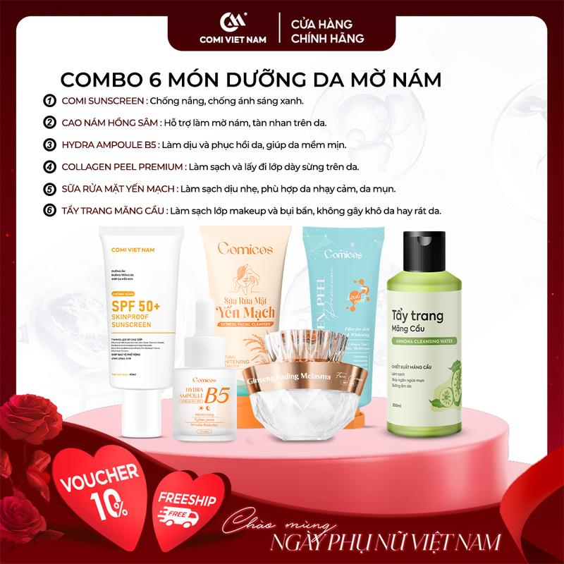 [COMI VIETNAM]  Combo 6 Món Dưỡng Da Nám: Tẩy Trang Mãng Cầu, Sữa Rửa Mặt Yến Mạch, Peel Collagen 4k, Serum B5 HA, Cao Nám Hồng Sâm, Kem Chống Nắng SPF 50+ - Hỗ Trợ Chăm Sóc Da Mờ Thâm Sạm Nám