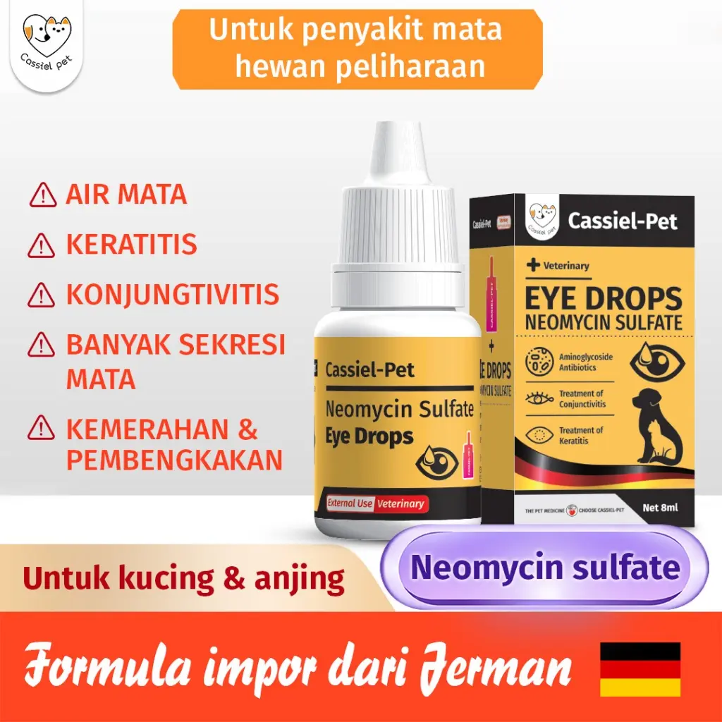 Cassiel Pet Obat Tetes Mata dan Cairan Pencuci Mata untuk Kucing dan Anjing, digunakan untuk belekan, mata berair, infeksi mata, mata merah, bengkak, dan katarak