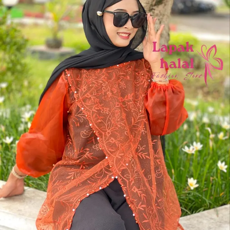 Baju Kondangan Wanita Outer Brokat Silang Mix Organza Lengan Balon Karet Full Payet Mutiara - Muslim Cantik 4