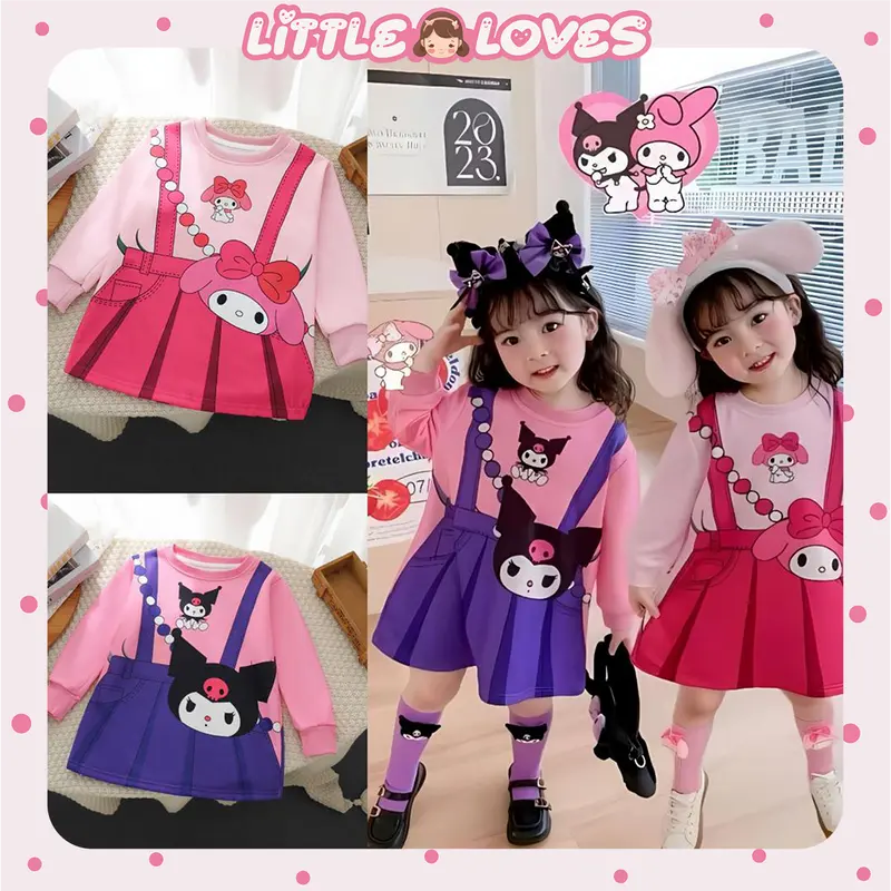 LITTLE LOVES 1-9 Tahun Gaun Ungu Dress Kuromi Katun Rick Rok Tas Anak Back Band Rok Kids Kartun D002 0