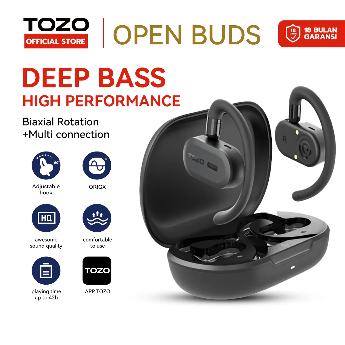 Tozo Open Buds Sports Wireless Earphone Bluetooth 5.3  Earbus Over-Ear Touch Control high quality sound with powerful Bass Long Reduction Headset Olahraga Anti Keringat Sentuhan Kontrol