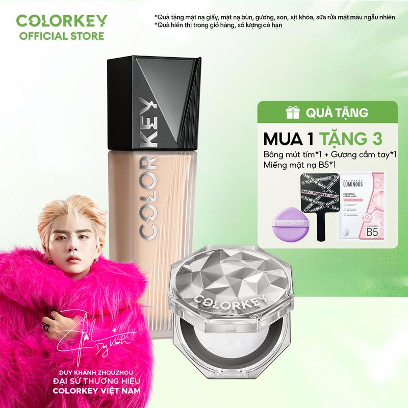  COMBO 1 Kem Nền COLORKEY PHIÊN BẢN NÂNG CẤP + 1 Phấn Phủ Cho Lớp Trang Điểm Lì Mỏng Nhẹ Không Dễ Xỉn Màu 