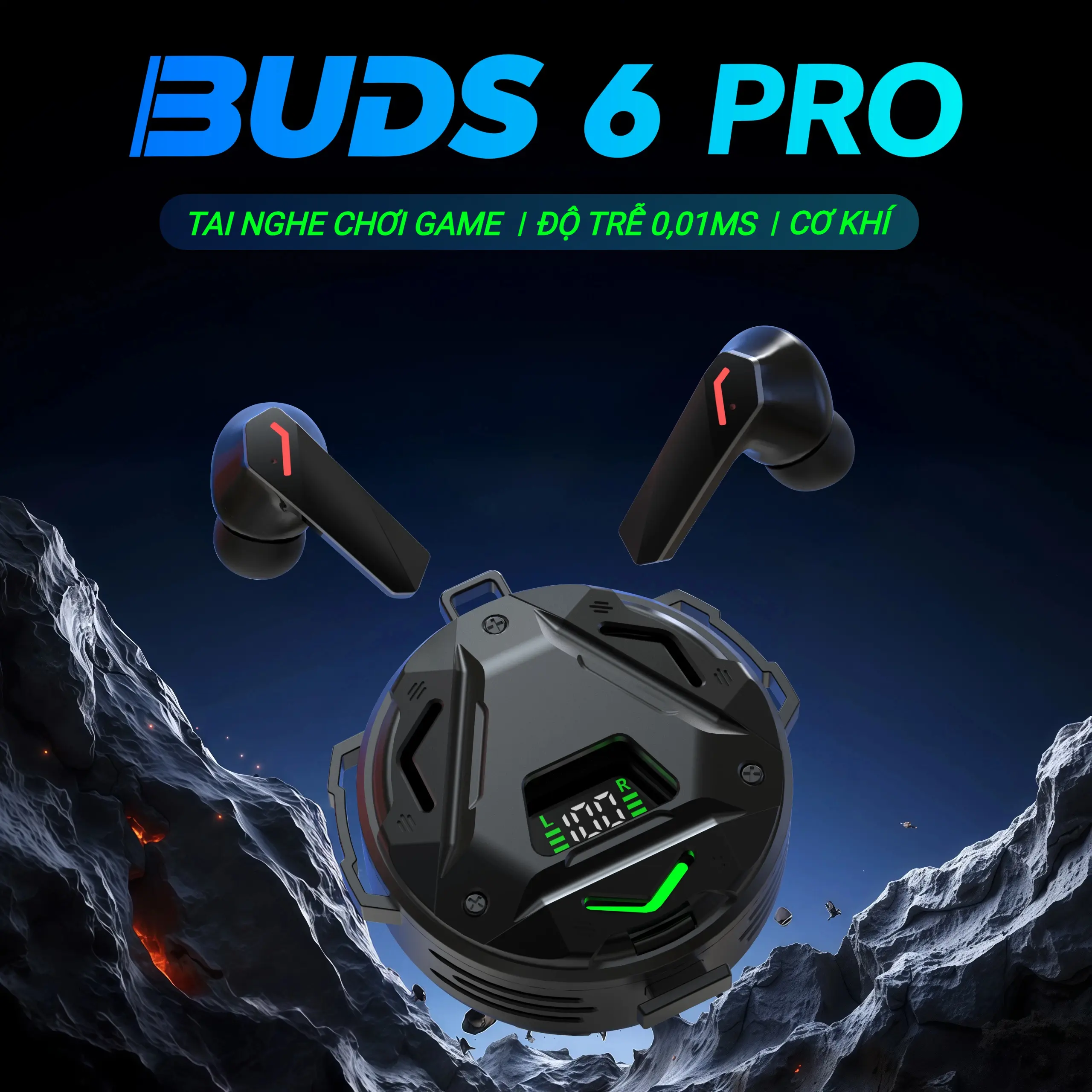 BUDS 6 PRO Chơi Game Tai Nghe, Thiết kế phong cách mecha, Hiệu ứng ánh sáng siêu ấn tượng, Âm thanh nổi cấp độ HiFi, Mic tích hợp chống nước IPX5, Giảm tiếng ồn ENC, Điều khiển cảm ứng, Với iPhone và Android