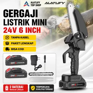 Gergaji Listrik Mini 24V 6 Inch Mini Chainsaw Cordless Baterai Lithium 6000mAh untuk Potong Kayu Ranting Kebun COD