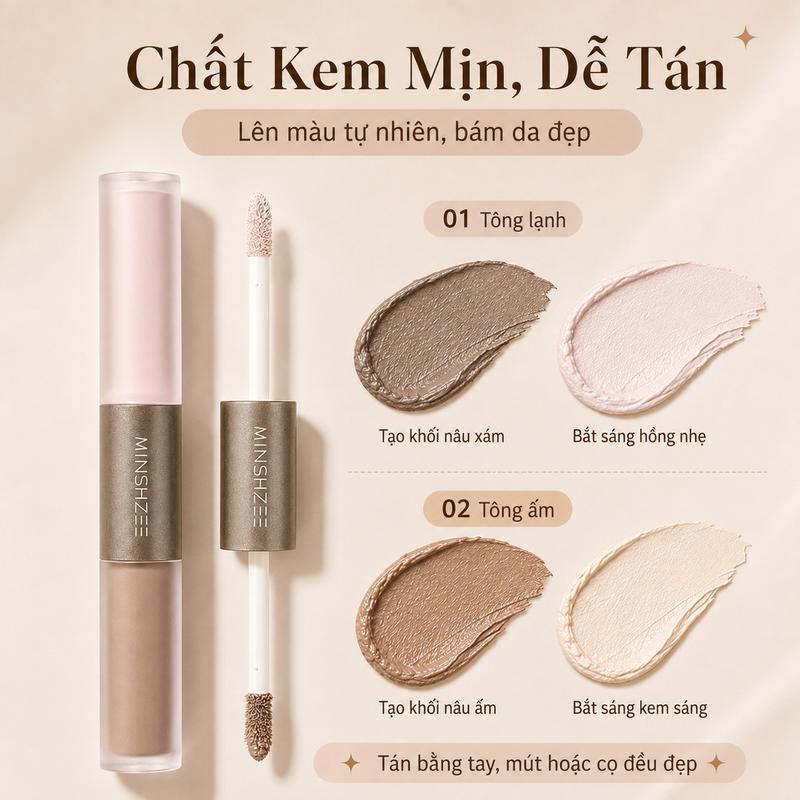 Khối Kem Và Bắt Sáng 2 Đầu MINSHZEE Giúp Tạo Khối, Bắt Sáng Mịn, Dễ Tán, Trang Điểm Gọn Nhanh 1.8g+1.8g