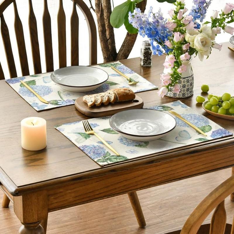 Dining Table Hydrangea Pattern Linen Placemat Heat Resistant Anti Slip Table Mat Oil Proof Rustic Tableware Pad Table Decoration 7