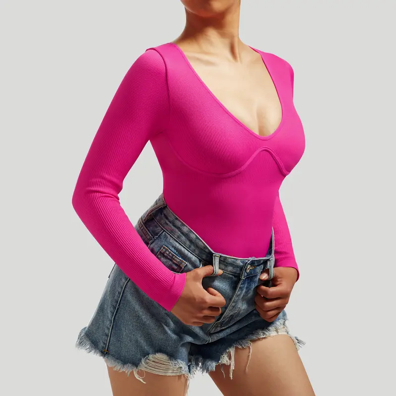 Mooslover Women Ribbed Sexy Long Sleeve Bodysuit 3