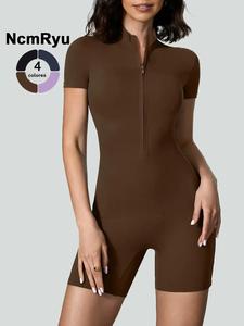 Mono deportivo sólido con cierre y cuello simulado para mujer, mono deportivo casual y deportivo de una pieza para yoga, gimnasio, entrenamiento y correr, mono para mujer, ropa de verano 2024 a la moda, control de abdomen