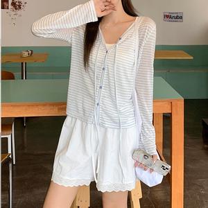 Summer Bowknot Outerwear Cardigan Blue Striped Long Sleeve Women Korean Style Thin Loose Casual Top, Lightweight Breathable Design 3221# Womenswear Blouses Vneck