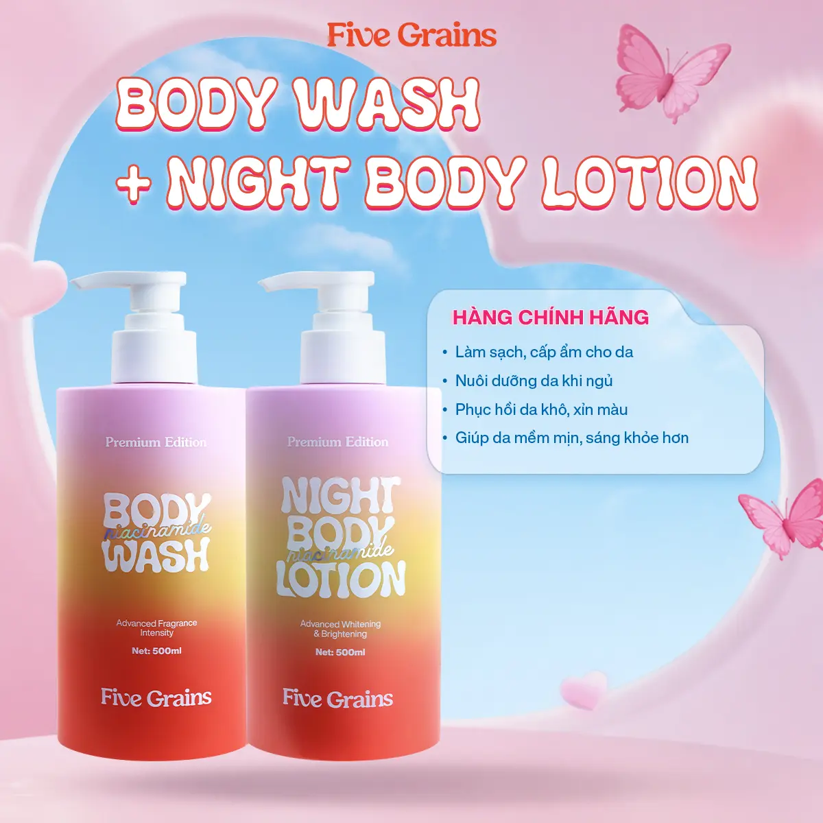 [I] Combo giúp dưỡng trắng dưỡng ẩm da sữa tắm và sữa dưỡng thể Niacinamide, Alpha-Arbutin Five Grains 500ml Dưỡng Da Body - A07