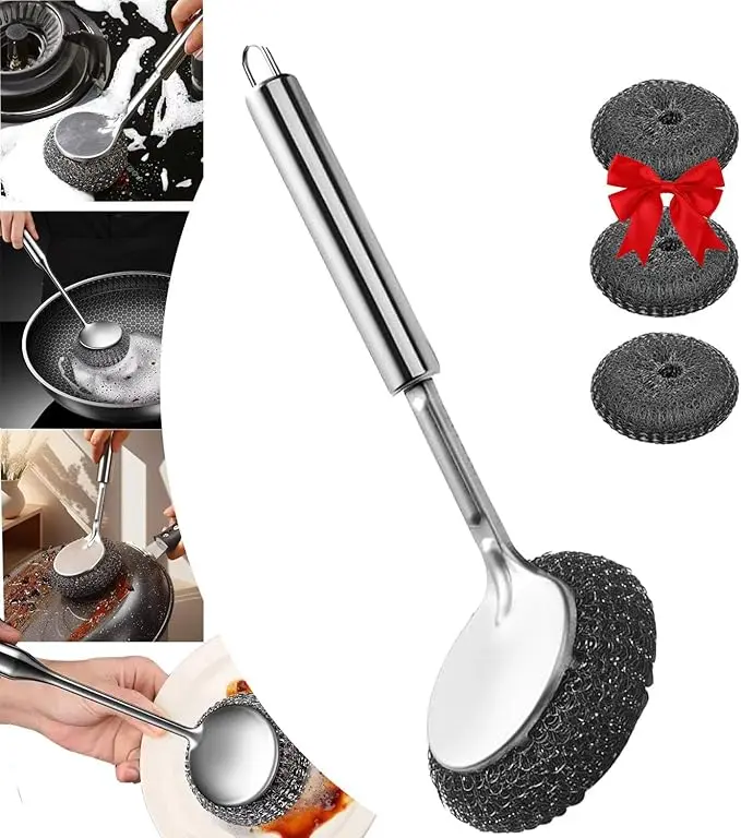 Multi-Purpose Stainless Steel Scrub Brush with Handle, Stainless Steel Pot Brush with Long Handle, Heavy Duty Pot Scrubbers Dish Scrubber Cleaning Brush Wash for Dish for Kitchen Pots Sink
