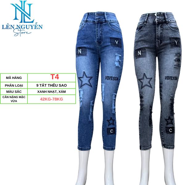 T4 [ Len Nguyen Store ] Quần Jean (Bò) Nữ 9 Tất , Lưng Cao 2 Nút, Dài 85-90cm, Màu Xám, Xanh, Size 40kg-80kg, Thiết Kế Thêu Ép Đá, Co Giãn, Mền Mịn, Bigsize, Hotgirl, Skinny, Ống Ôm, Mang Phong Cách Năng Động, Trẻ Trung, Tự Tin, Dễ Phối Đồ. Women Pants