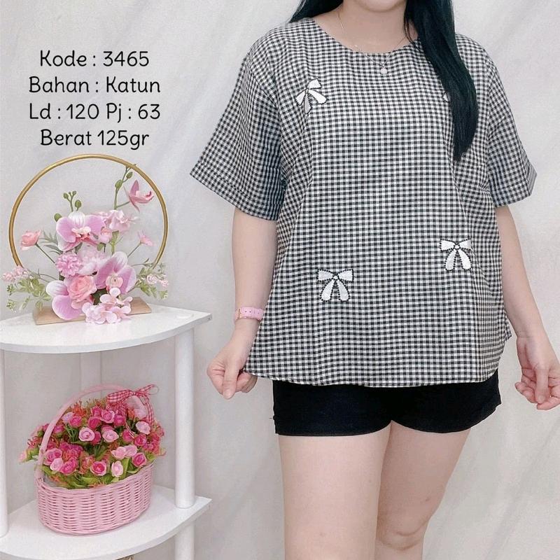 blouse jumbo Wanita Atasan Katun Pendek Baju Cewek Dewasa Casual Motif kotak ld 120cm 2