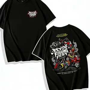 Kaos Hitam Pria Wanita Motif Motor dan Ilustrasi Street Art, T-Shirt Sablon Tema Event dan Komunitas, Cocok untuk Harian