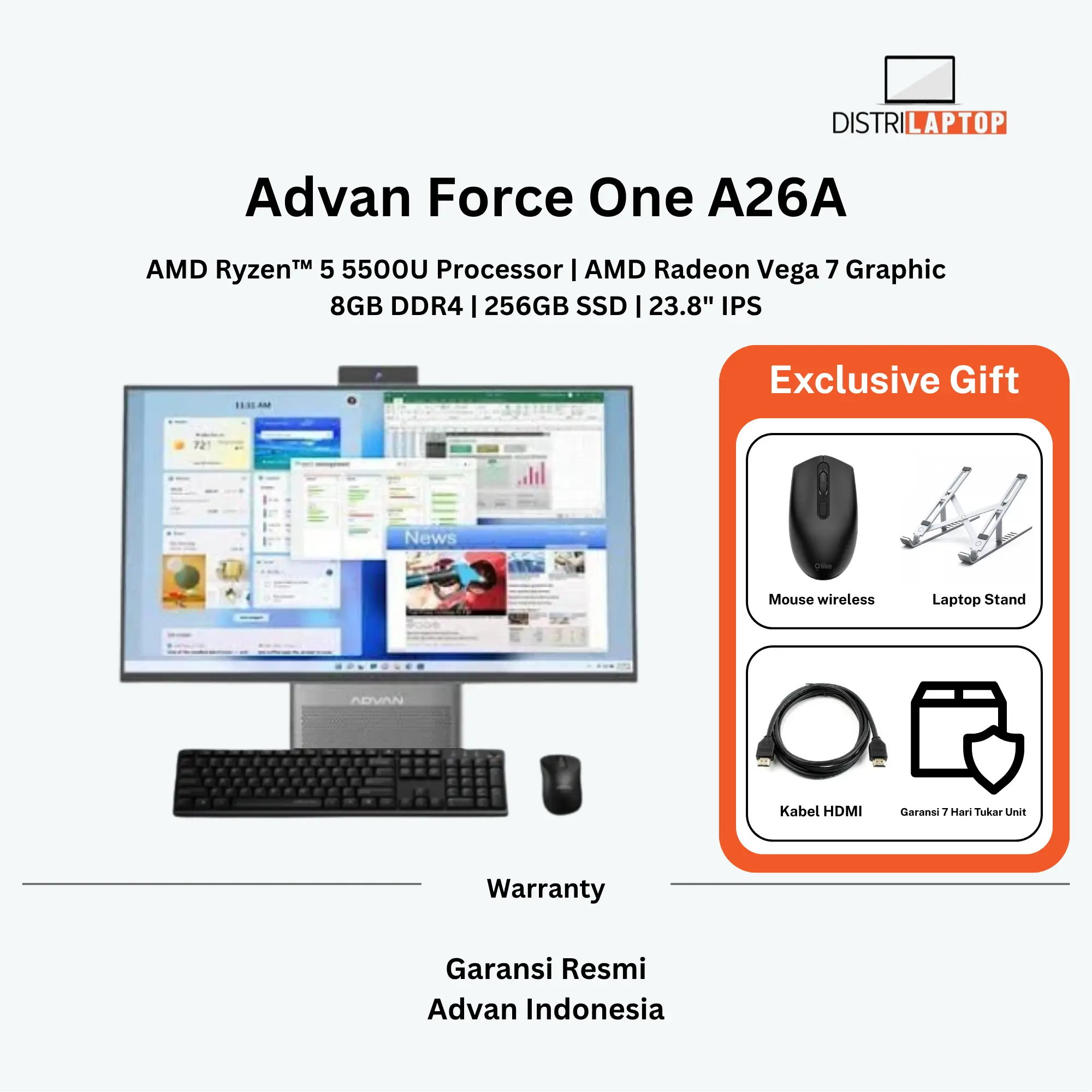 Advan Force One All In One PC AIO 24" Ryzen 5 5500U Radeon 8GB 256GB Win11 Good Deals