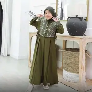 Baju Gamis Shabira Anak Crinkle Airflow Mix Brukat Kekinian Kancing Depan Pakaian Muslim Usia 5-13 Tahun Bahan Nyaman