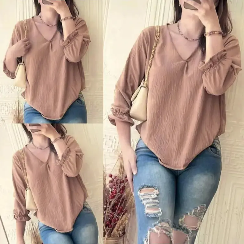 ATASAN WANITA BLOUSE ASFA ,CRINKLE AIRFLOW- VINEX Baju Top Dewasa Crop Basics White Cewek Remaja Casual Oversize lengan 3⁄4 bukan kemeja Panjang Linen Katun Pendek 3