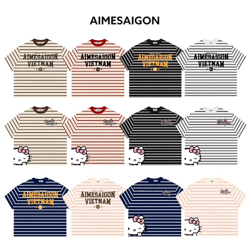 Áo Thun Boxy Sọc Ngang Cổ Tròn Chất Borip QC Striped " CHỮ - Mèo Kitty " Form Rộng Áo Phông Đôi Nữ Kiểu Đẹp Nam Nữ Basic