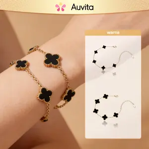 Auvita Gelang Tangan Rantai Titanium Wanita Clover Hitam Besar Kecil Bolak Balik Aksesoris Bracelet Fashion