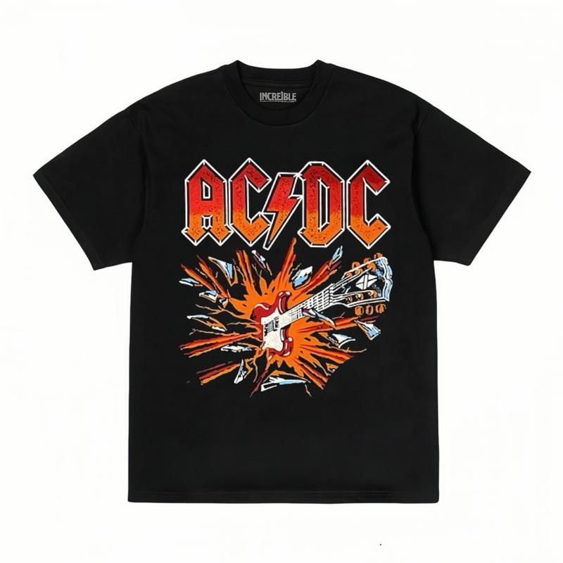 Kaos Band Vintage ACDC Motif Guitar Explosion Logo Katun Combed Lembut Hitam Sablon Lengan Pendek | T-Shirt Pria  Dewasa Distro Bandung Metal | Baju Atasan Cowok Skena Style Keren 1