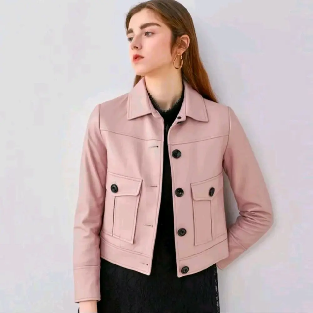 Jaket Wanita Model Terbaru PU Leather Pink Stylish Nyaman