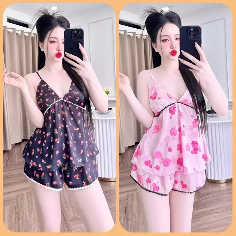 Từ 40-60 Ký; Bộ Ngủ 2 Dây Quần Đùi Lụa Latin Tơ Tằm Áo Phối Ren In 5D