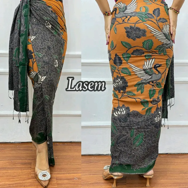 kamen lembaran paris motif daun-set selendang Panjang Dress-0413 4