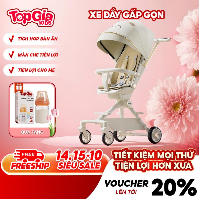[14.10 TẶNG BÌNH 0Đ -  Full phụ kiện] Xe đẩy gấp gọn cho bé Topgiakids M07-01 tựa lưng chống gù, có mái che, bánh xe xoay 360 độ, di chuyển linh hoạt, xe đẩy ngồi cho em bé