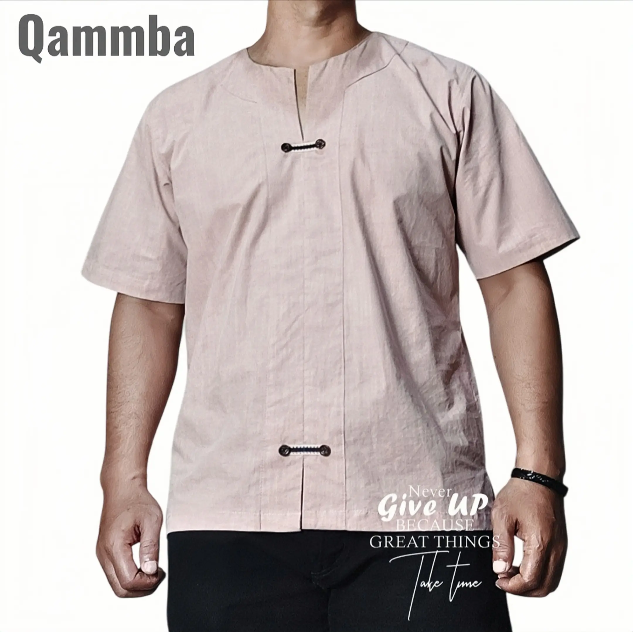 Kemeja Katun Ringan Tipis Pria Tanpa Kerah 100% Cotton Outfit BB 65-85kg Baju Pantai Atasan Harian Kasual Pas Lengan Pendek Leher Kru Tanpa Kerah Musim Panas - QAMMBA  Nyaman Santai Keren Lembut