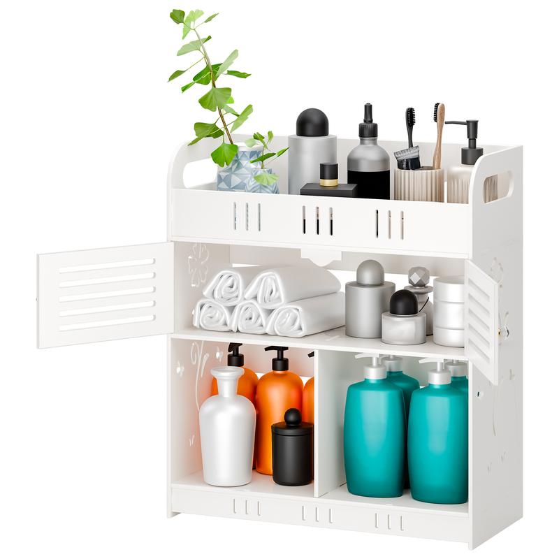 Bathroom Cabinet with Hollow Flower Carved, Wall-Mounted Bathroom Storage Cabinet, Bathroom Toilet Storage Shelf, Punching Free Cosmetics Storage Organizer with 2 Doors and Opening Shelves 1