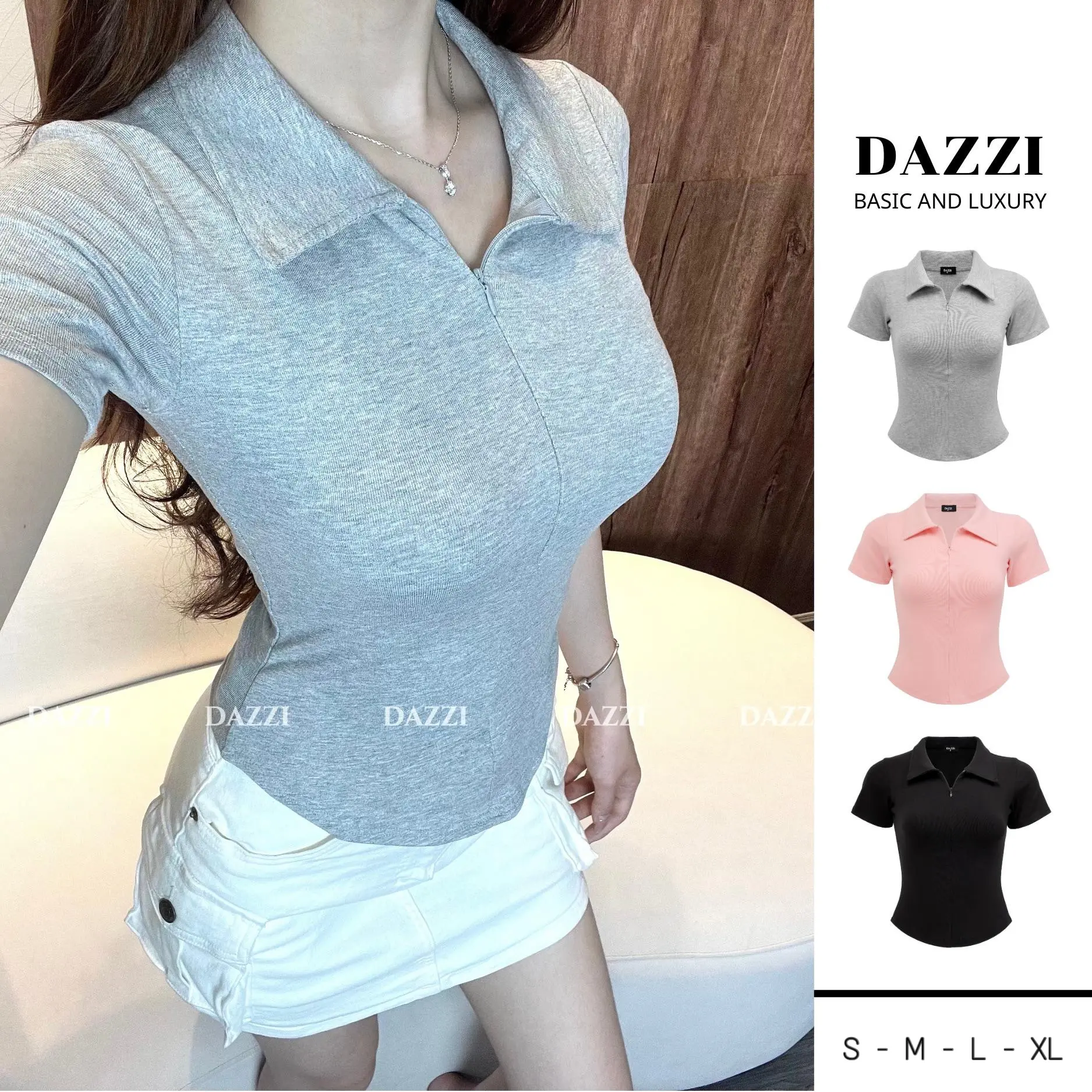 [MÀU MỚI 2026] Áo thun nữ cổ bẻ phối dây kéo ôm dáng vải cotton mịn DAZZI Polo Women A022