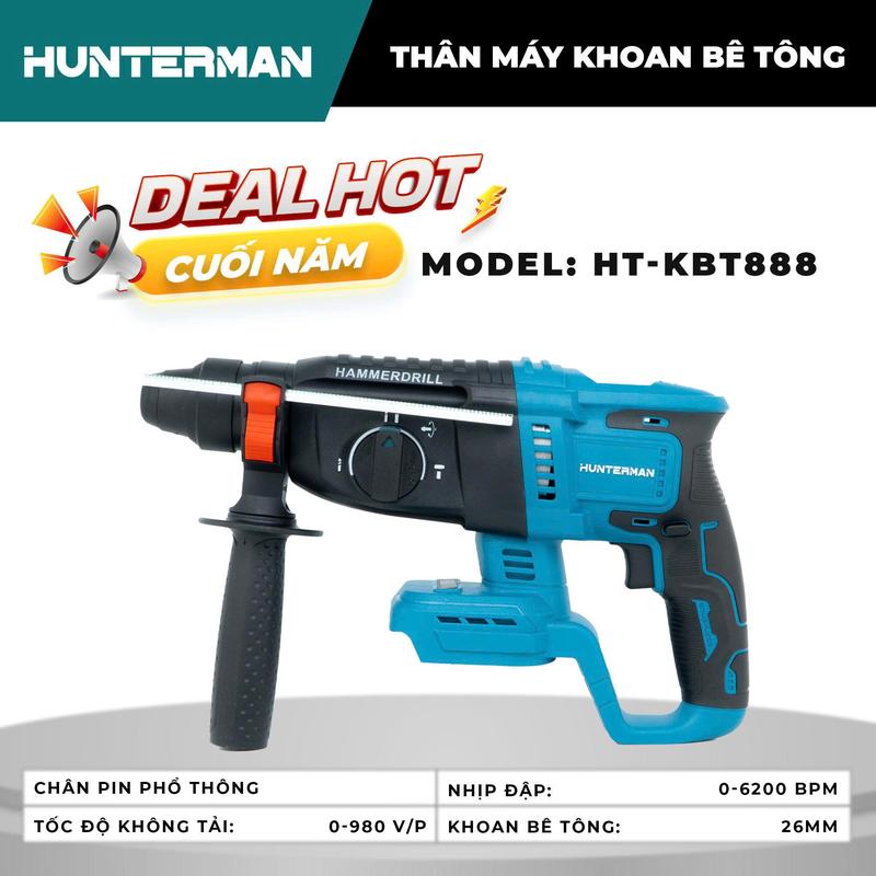 SALE CUỐI NĂM Thân máy khoan bê tông 3 chức năng HUNTERMAN HT-KBT888 Tốc độ không tải 0-980 vòng phút chân pin phổ thông