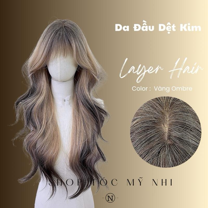 Tóc Giả Mỹ Nhi Xoăn Layer Lơi Mái Thưa Hàn Quốc Loang Màu Vàng Nhuộm Ombre x-dk-1016 Da Đầu Dệt Kim