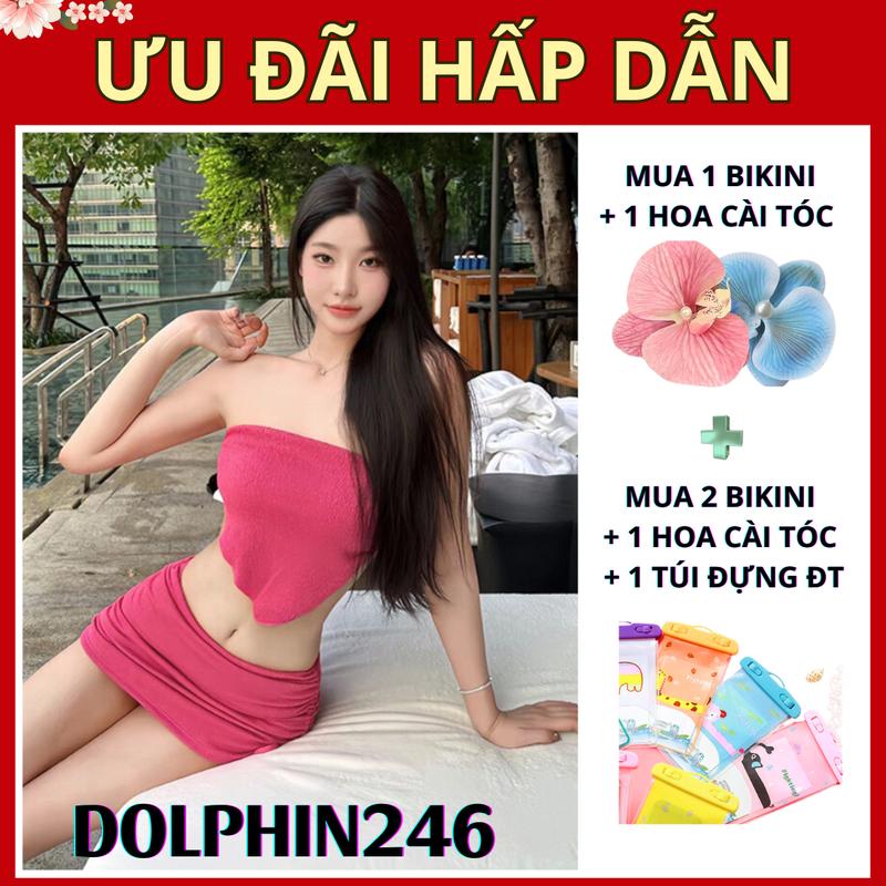 Bikini đi biển cho nữ 2 mảnh set chi tiết đồ bơi áo yếm kem quần tam giác và váy quây rút dây màu hồng women 9439 A-24 Top