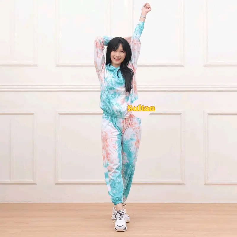 Setelan baju wanita setelan baju pelangi setelan hoodie perempuan Kaos Motif Nyaman Tie minimalis warna hitam 5