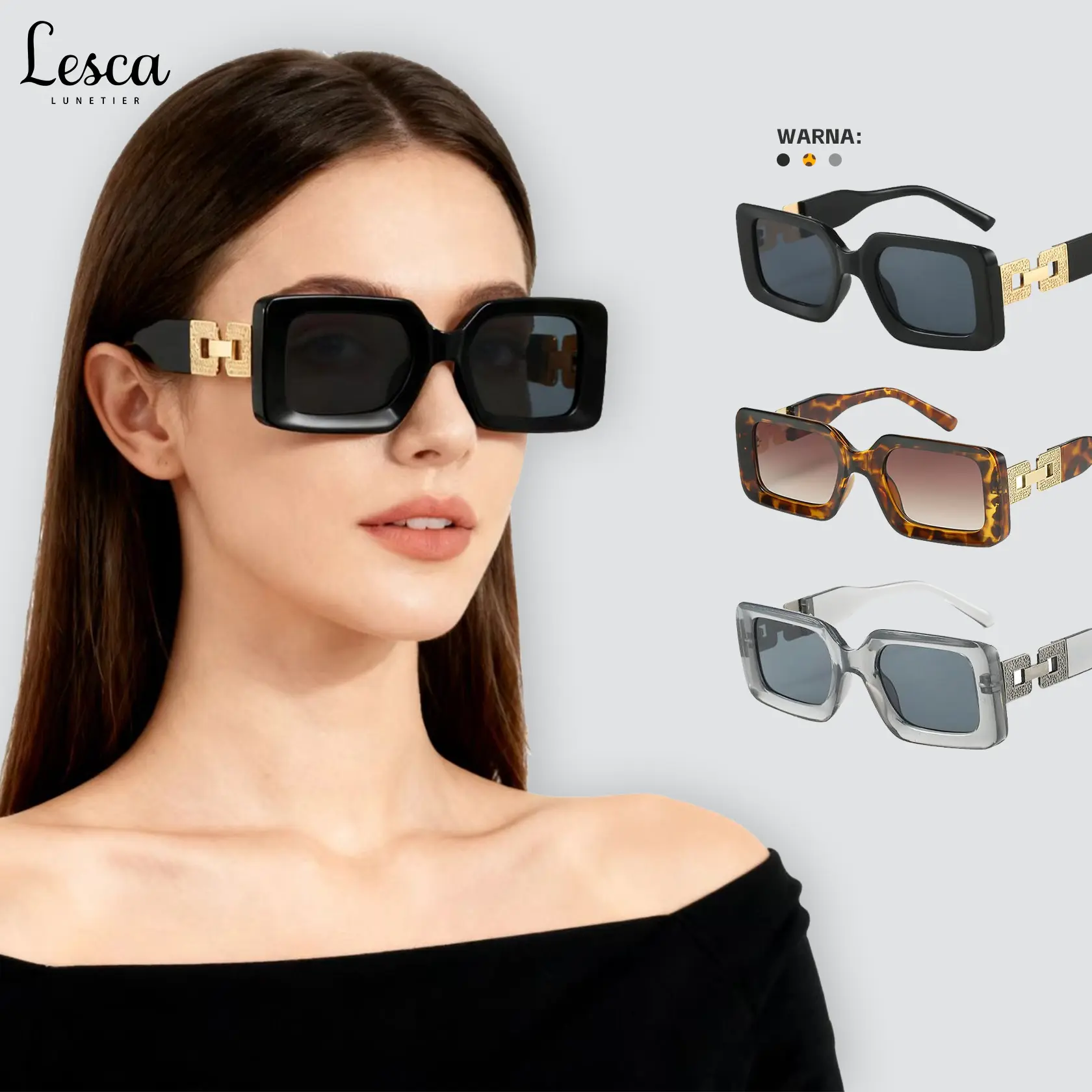 Lesca Kacamata Hitam Persegi Retro Frame Model Chain Sunglasses Wanita Anti UV400 Gaya Kekinian