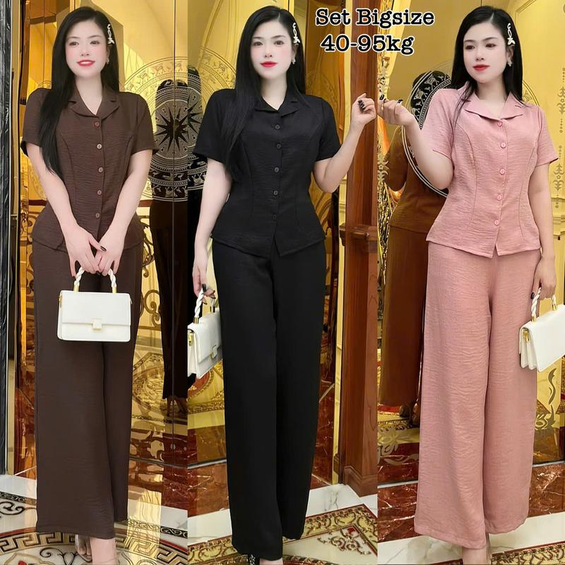 Thời Trang Bigsize - Set Bộ Dài Tay Ngắn Bigsize Cổ Vest Quần Ống Suông Đũi Vân Mây Thiết Kế Dự Tiệc Nữ Cao Cấp Xinh Đẹp Sang Trọng  50-95kg 2455 Top  Màu Nâu Sen Màu Đen Set Đồ Nữ đẹp Set Áo Croptop Bộ Suit Nữ Sang Chảnh Bigsize Women Xanh Rêu set  vest